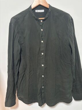 ZARA Green Mandarin Collar Lightweight Cotton Wrinkled Mens Shirt XXL